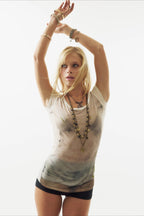 Sheer Distressed Graphic Fitted Short Sleeve T-Shirt