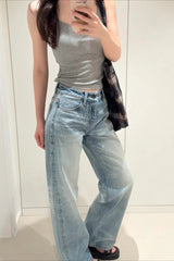 Vintage Heavy Washed Cotton Straight Mid Rise Jeans