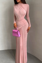 Gathered Waist Long Sleeve Draped Maxi Dress