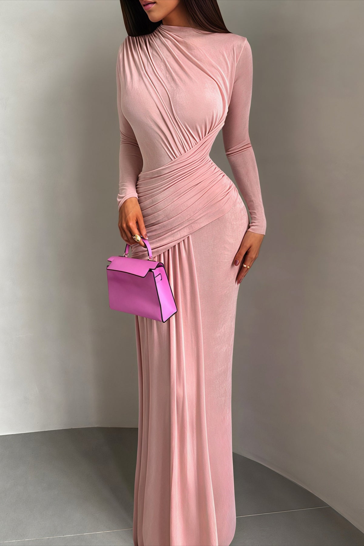 Gathered Waist Long Sleeve Draped Maxi Dress