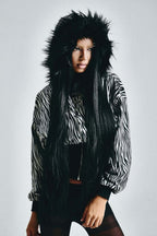 Faux Fur Trim Patterned Cropped Zip Hoodie