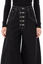 Deep Wash Draped Wide Leg Denim Jeans