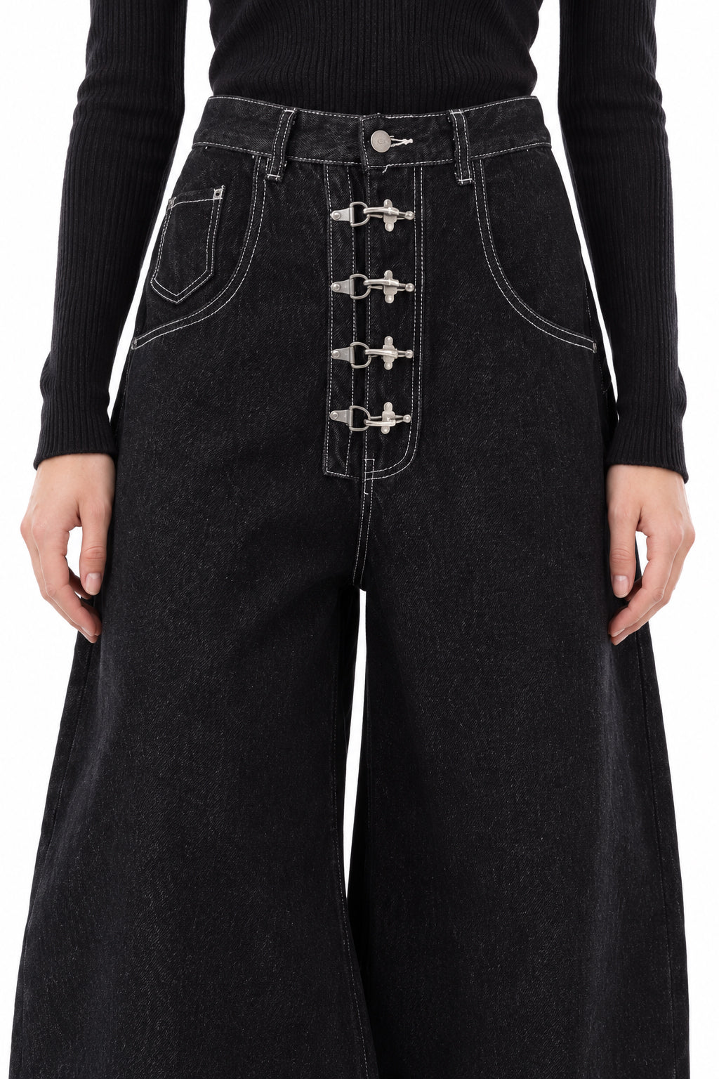 Deep Wash Draped Wide Leg Denim Jeans