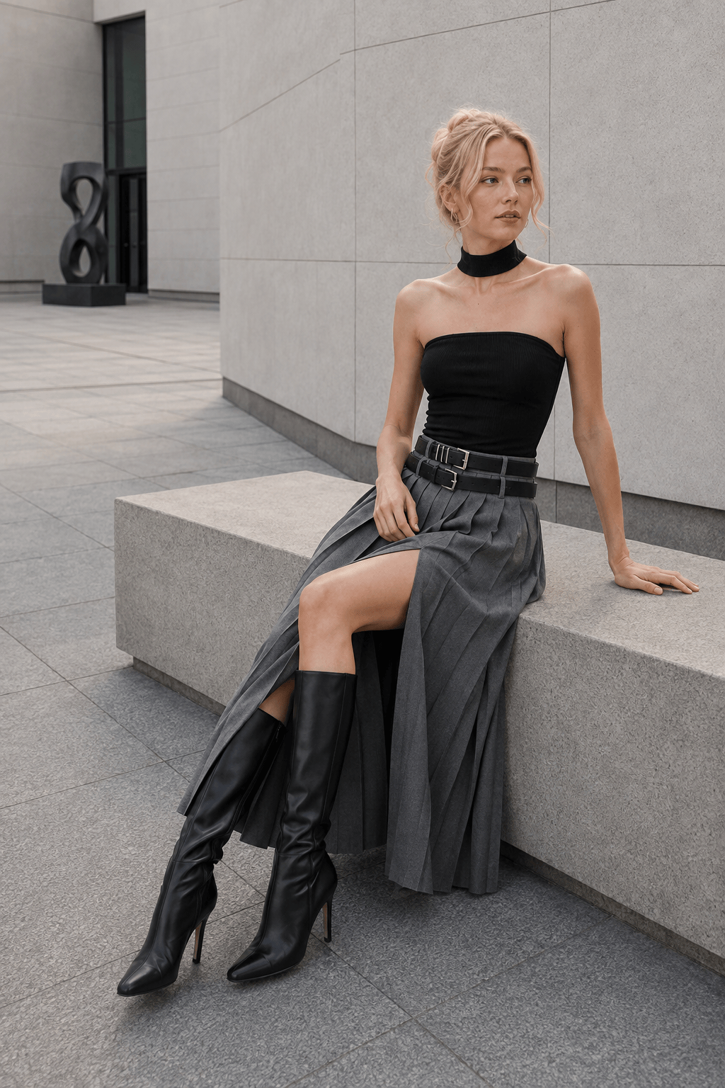 Pleated Split Maxi Trendy Skirt