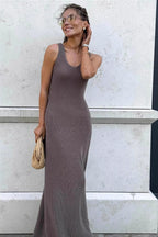 Solid Color Street Style Sleeveless Maxi Knit Elegant Summer Sweater Dress