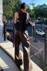 High Waist Vintage Slim Floor Length Wide Leg Straight Pants