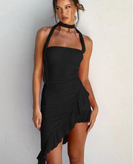 Asymmetrical Lace Halter Solid Mini Dress