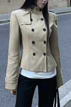 Stand Collar Peplum Double Breasted Belted Coat