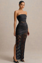 Strapless Sheer Lace High Slit Backless Maxi Lace Dress