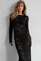 Sexy Sheer Jacquard Lace Long Sleeve Bodycon Dress