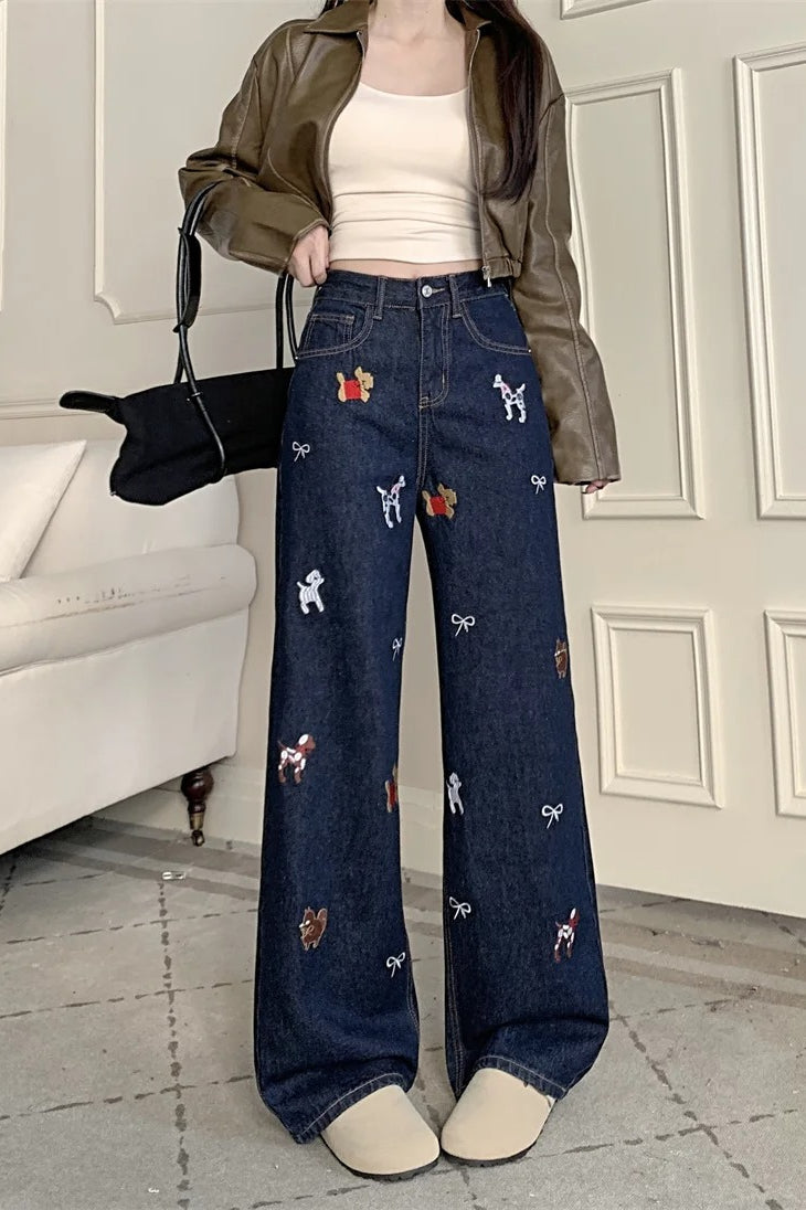 Embroidered Print Wide Leg Denim Jeans Main image
