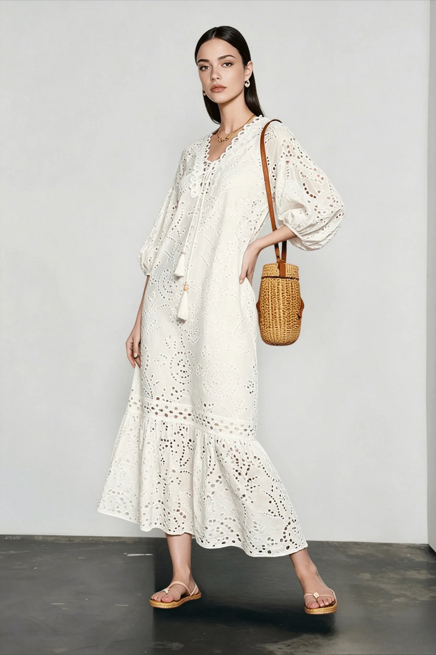 Embroidered Puff Sleeve White Midi Vacation Dress Main image