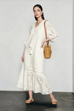 Embroidered Puff Sleeve White Midi Vacation Dress