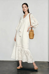 Embroidered Puff Sleeve White Midi Vacation Dress