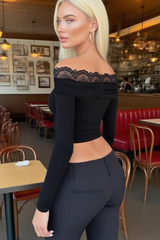 Lace Off Shoulder Long Sleeve Chic Versatile Crop Top