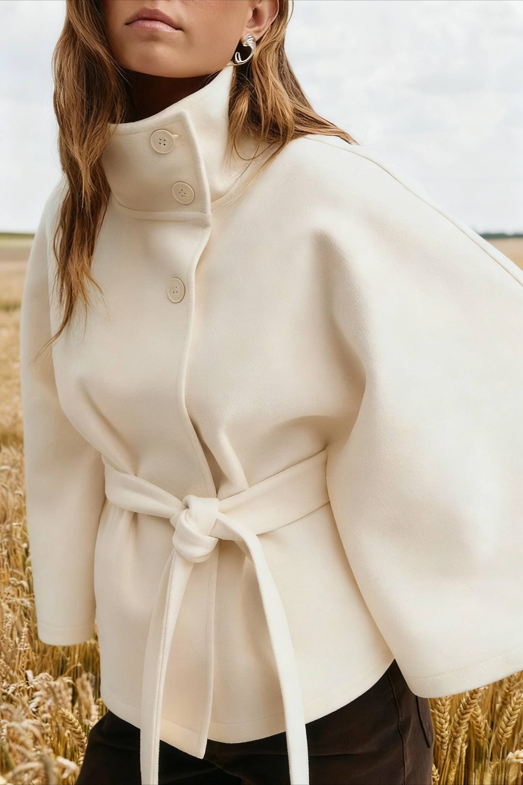 Button Up Stand Collar Cape Coat Secondary image