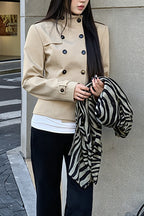 Stand Collar Peplum Double Breasted Belted Coat