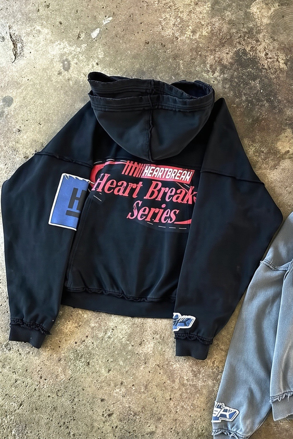 Double Hood Patchwork Graphic Zip Hoodie