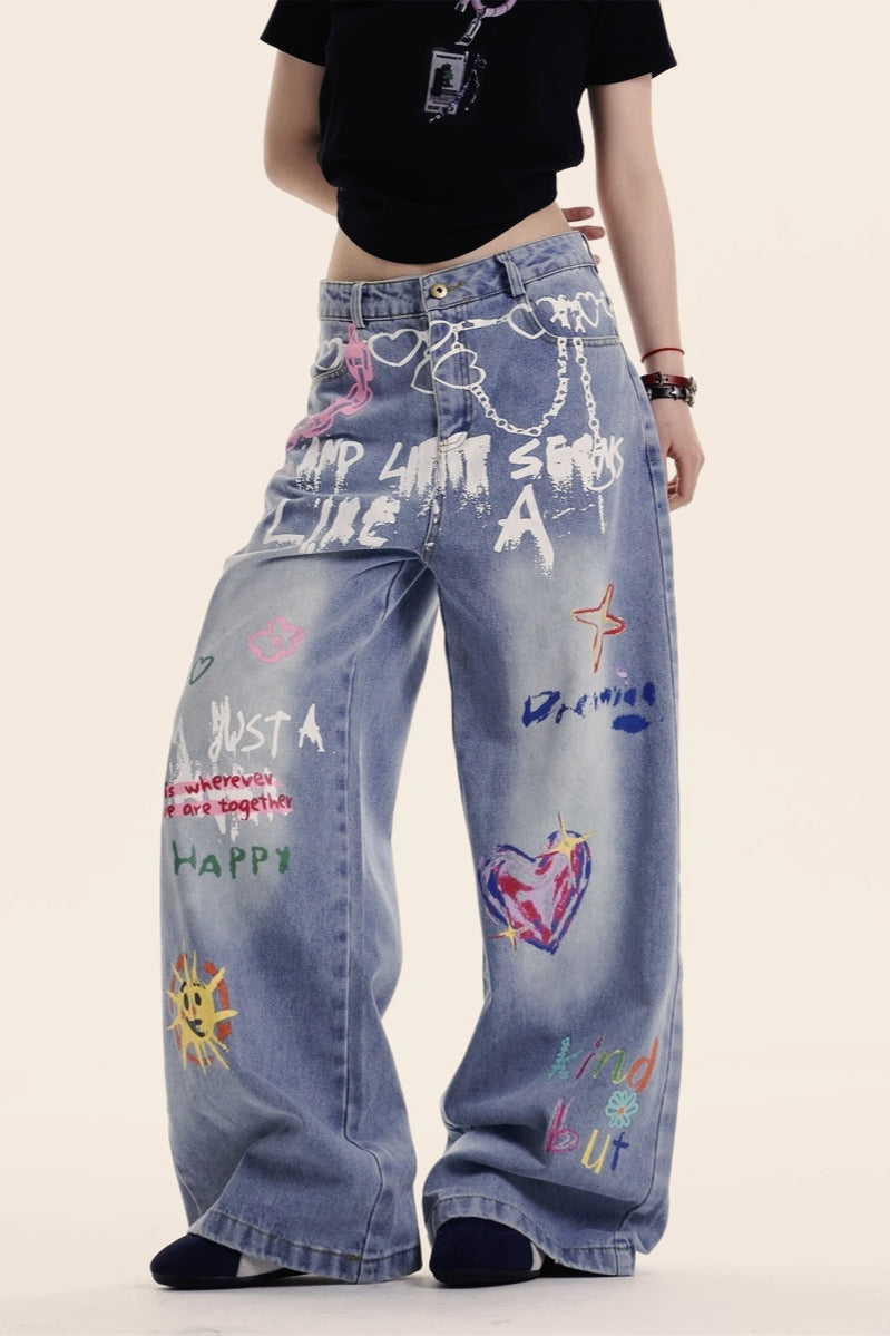 Y2K Baggy Graffiti Print Jeans Secondary image