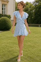 Ruffled V Neck Long Fitted Floral Dress