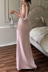 Asymmetrical Neck Satin Cowl Mermaid Gown Silk Dress