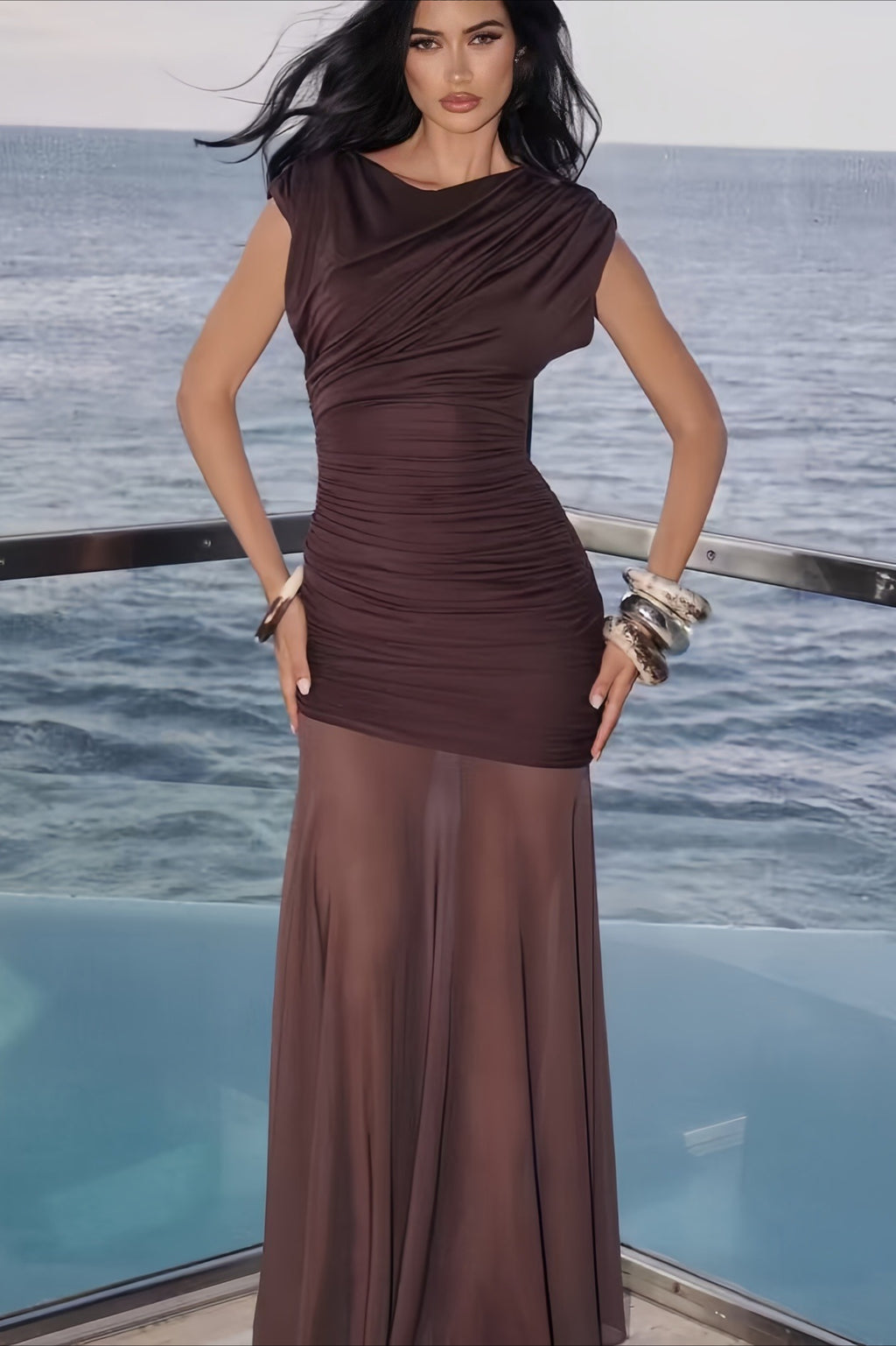 Asymmetric Draped Mesh Panel Fitted Maxi Party Dress