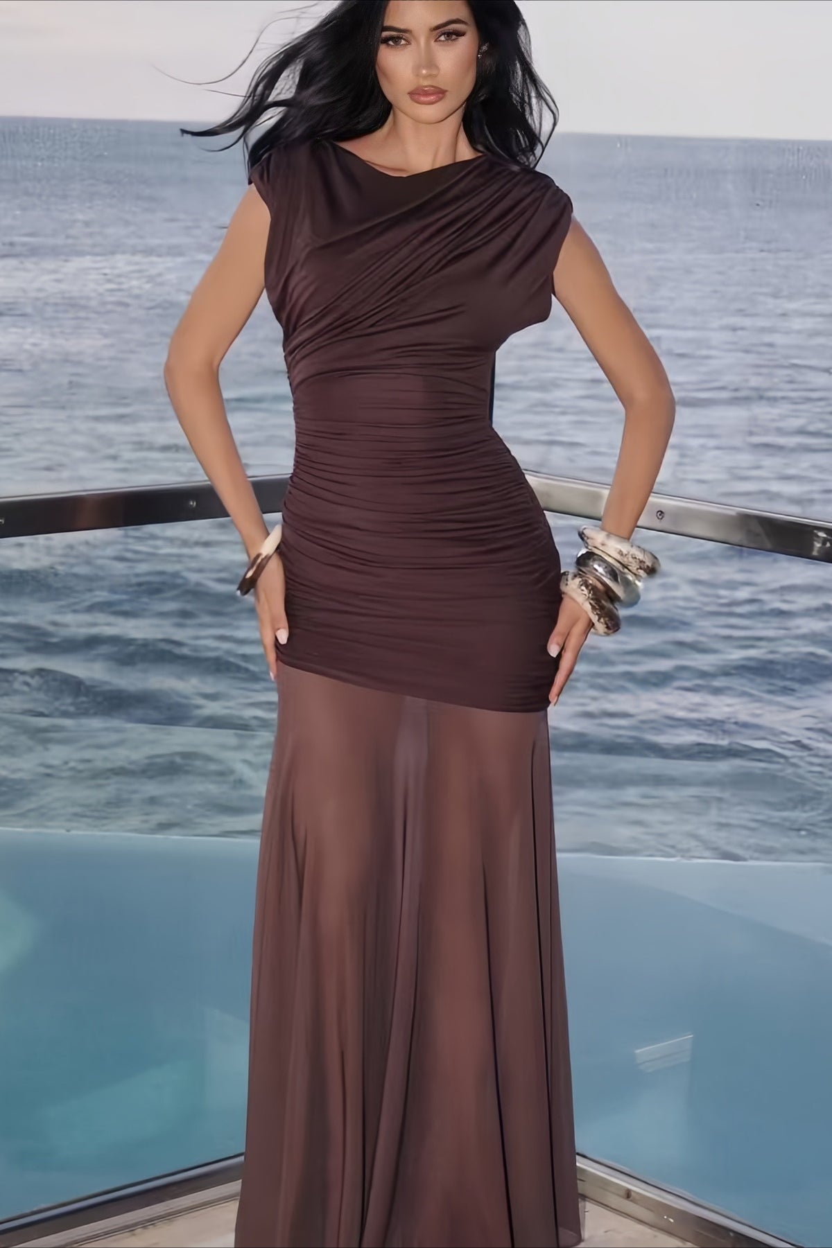 Asymmetric Draped Mesh Panel Fitted Maxi Party Dress