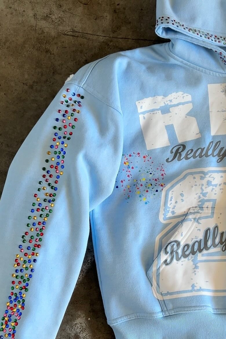 Rhinestone Varsity Number Graphic Zip Hoodie