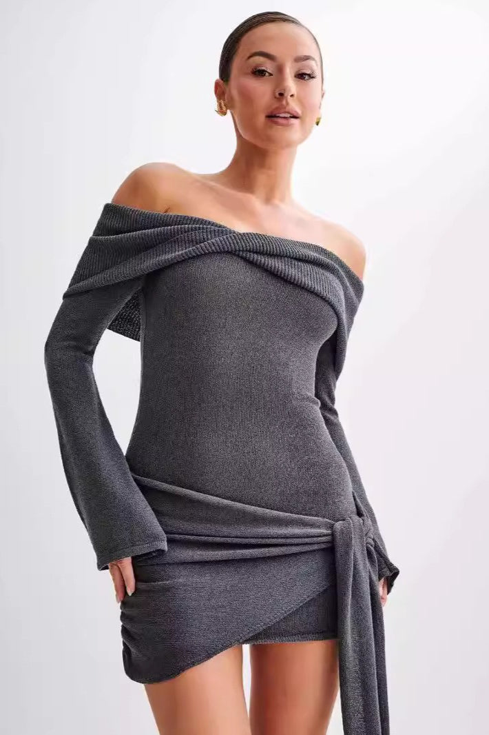 Sheer Spaghetti Strap Off-Shoulder Fitted Knit Maxi Sweater Dress Main image