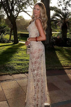 Lace Sheer Cowl Spaghetti Open Back Slim Lace Dress