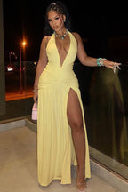 Halter V-Neck Backless Ruched Slit Cocktail Dress