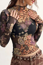 Floral Animal Print Mesh Long Sleeved T-shirts
