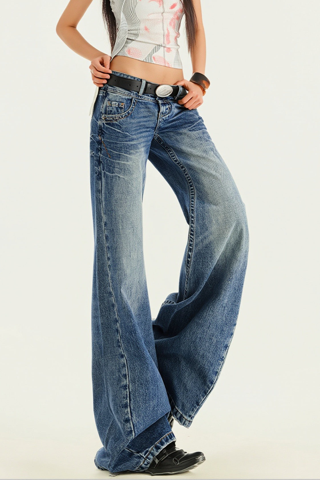 Low Rise Long Length Washed Flare Jeans