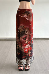 Vintage Art Print Sheer Panel Bodycon Skirt