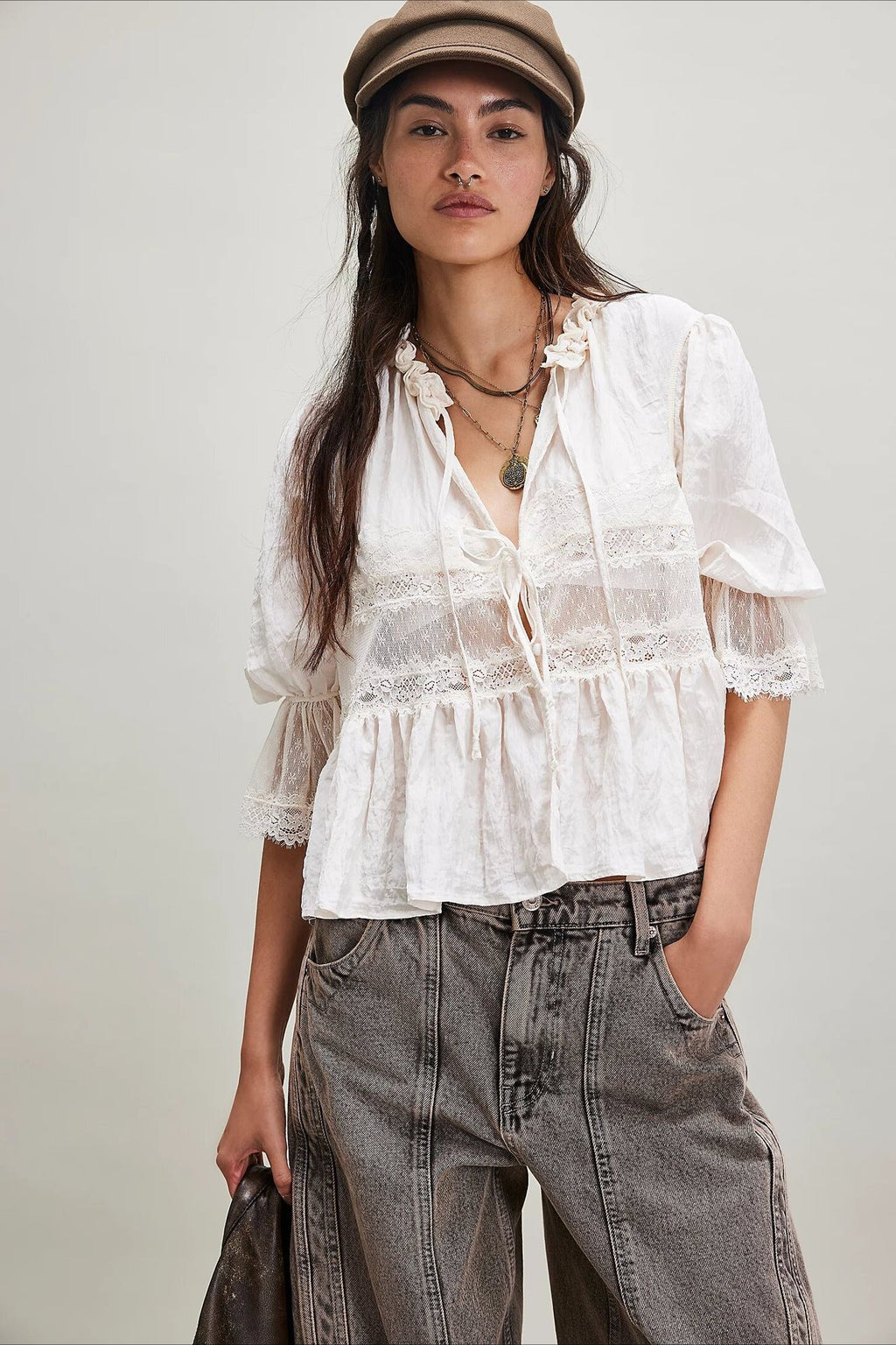 Lace Panel Ruffle Balloon Sleeve Tie Front Blouse