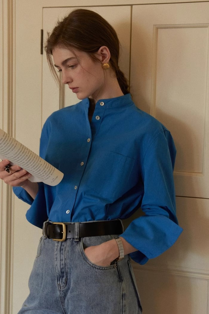 Cotton Mandarin Collar Long Sleeve Top Main image