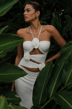 3D Floral Waist Cinch Cutout Halter Maxi Slip Dress