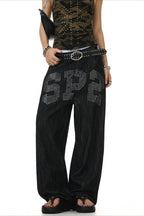 Rhinestone Letter Print Barrel Leg Jeans