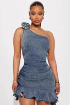 Floral Ruched Denim Dress