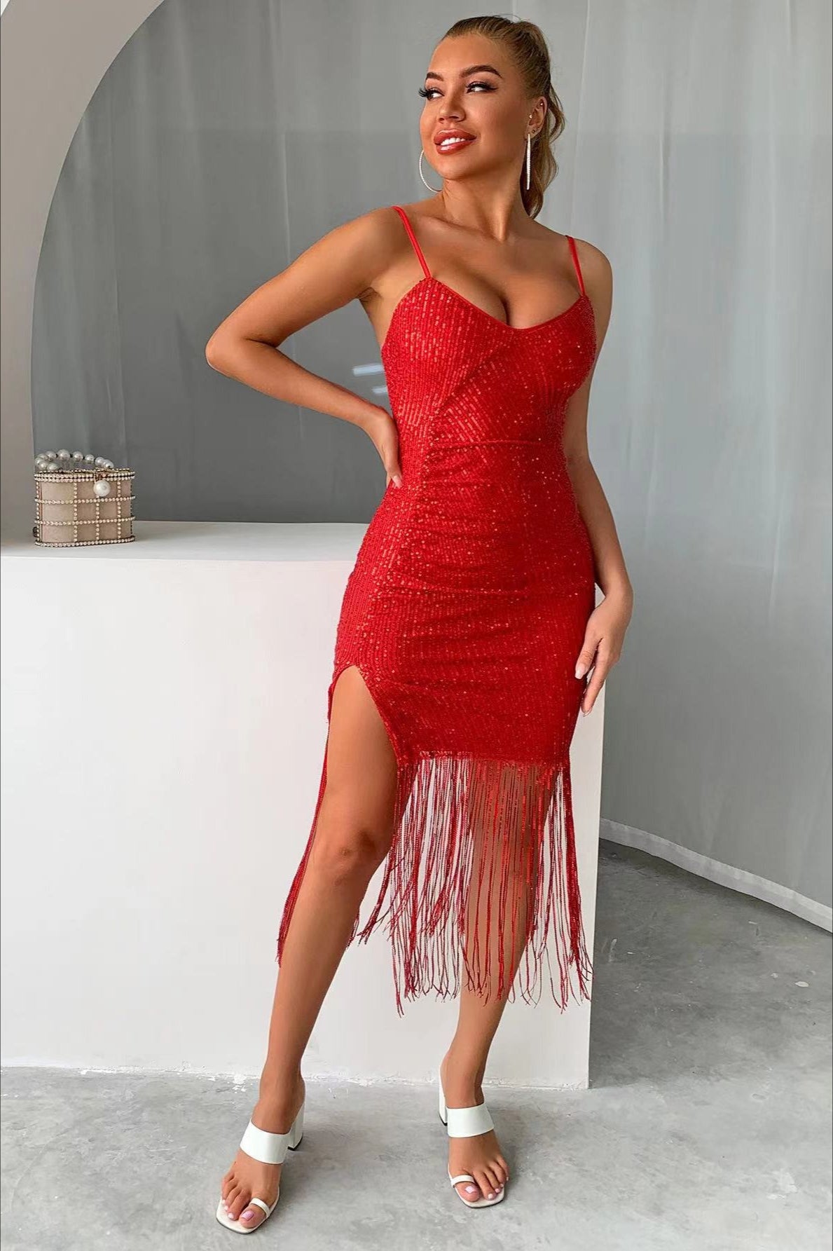 Slim V Neck Tassel  Sequin Dress
