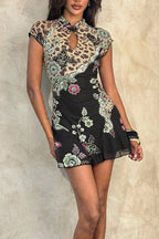 Floral Leopard Mandarin Collar Mini Dress