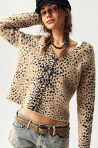 Leopard Print V Neck Button Cardigan Sweater