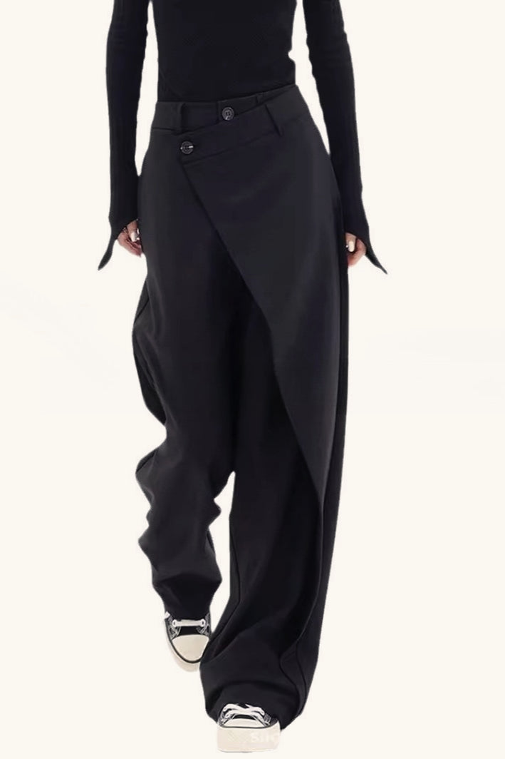 Asymmetric Layered Button Loose Wide Leg Pants-1 Main image