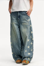Star Panel Faded Barrel Leg Jeans