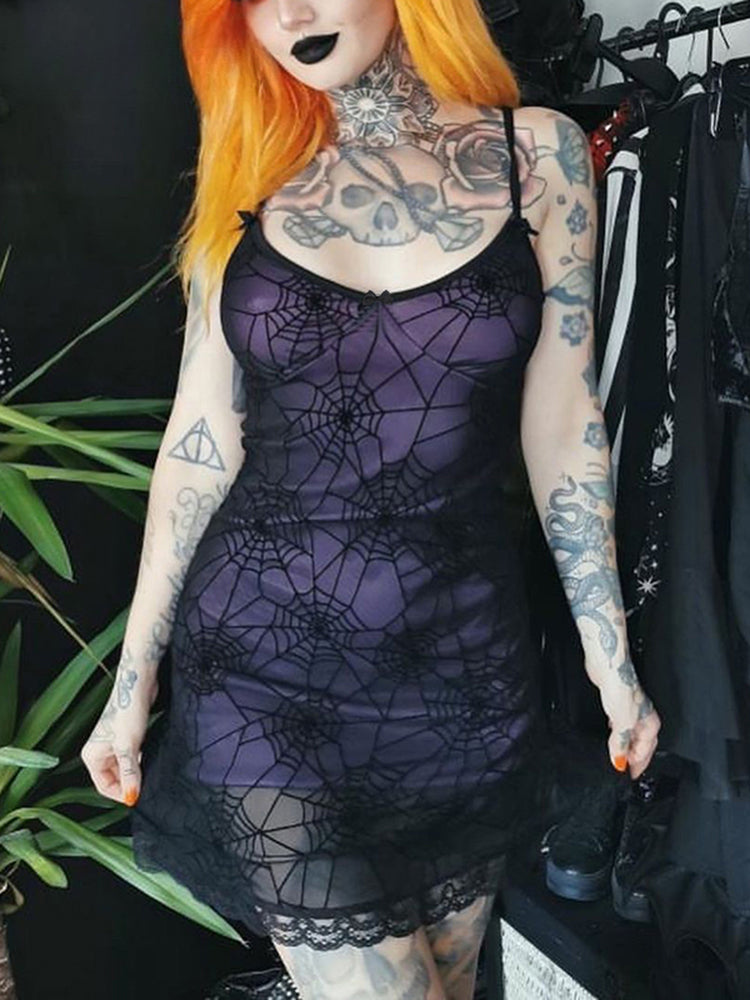 Gothic Lace Stretch Spaghetti Strap Spider Web Print Contrast Lace Cami Grunge Dress Main image