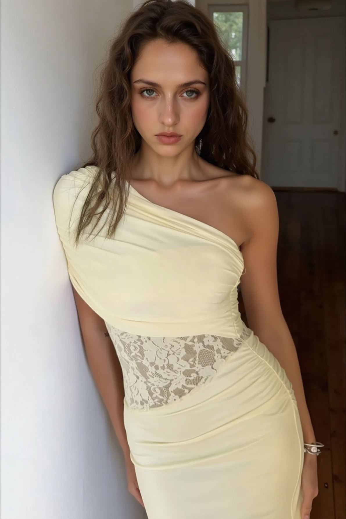 One Shoulder Ruched Waist Cinch Maxi Slim Bodycon Dress Secondary image