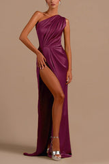 Sexy One Shoulder High Slit Satin Formal Dress