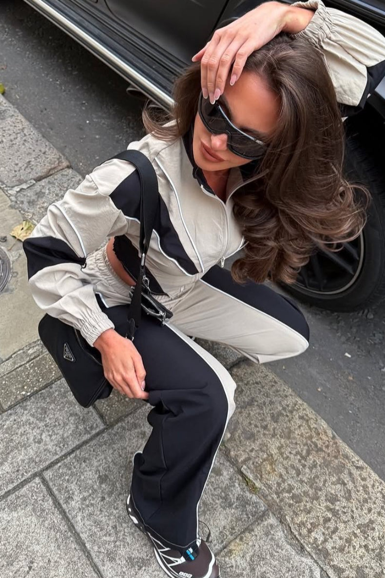 Color Block Zip Irregular Long Sleeve Sports Two Piece Set Secondary image
