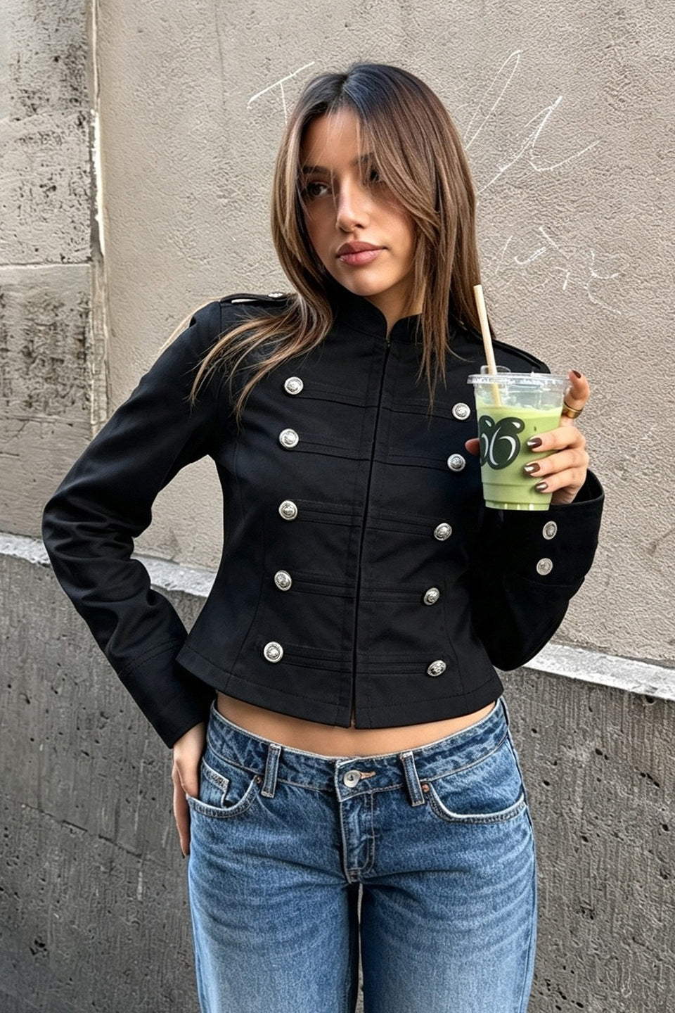 Double Breasted Button Fitted Black Jacket