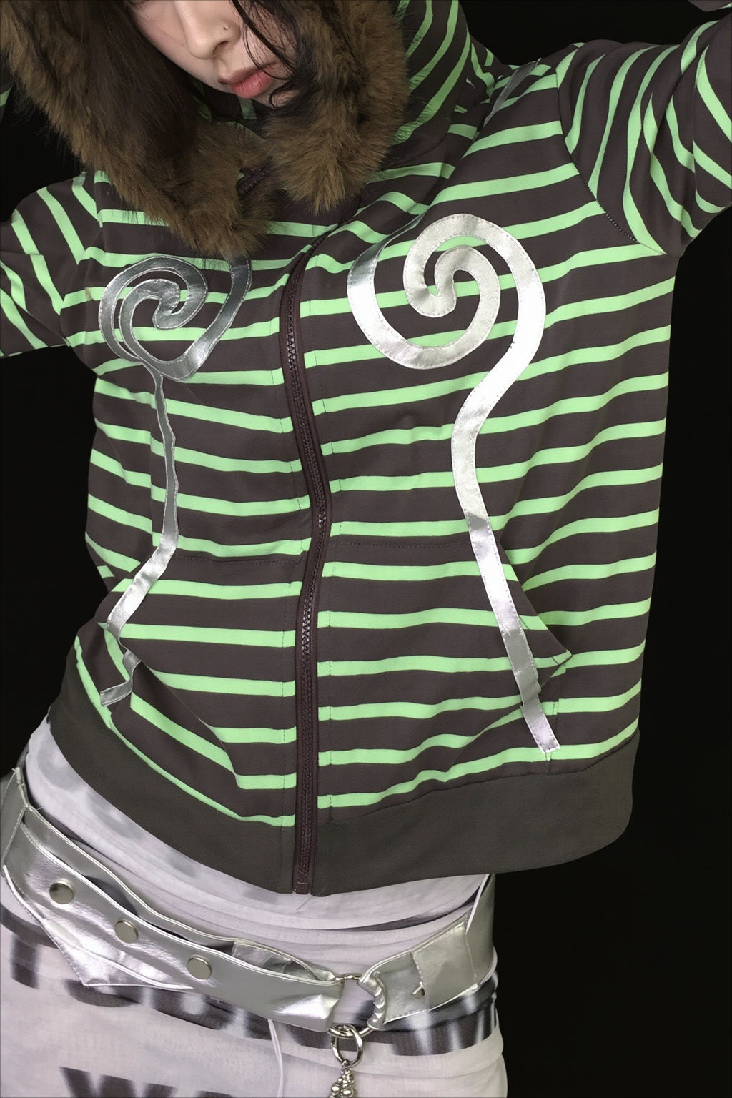 Green Striped Swirl Graphic Zip Hoodie